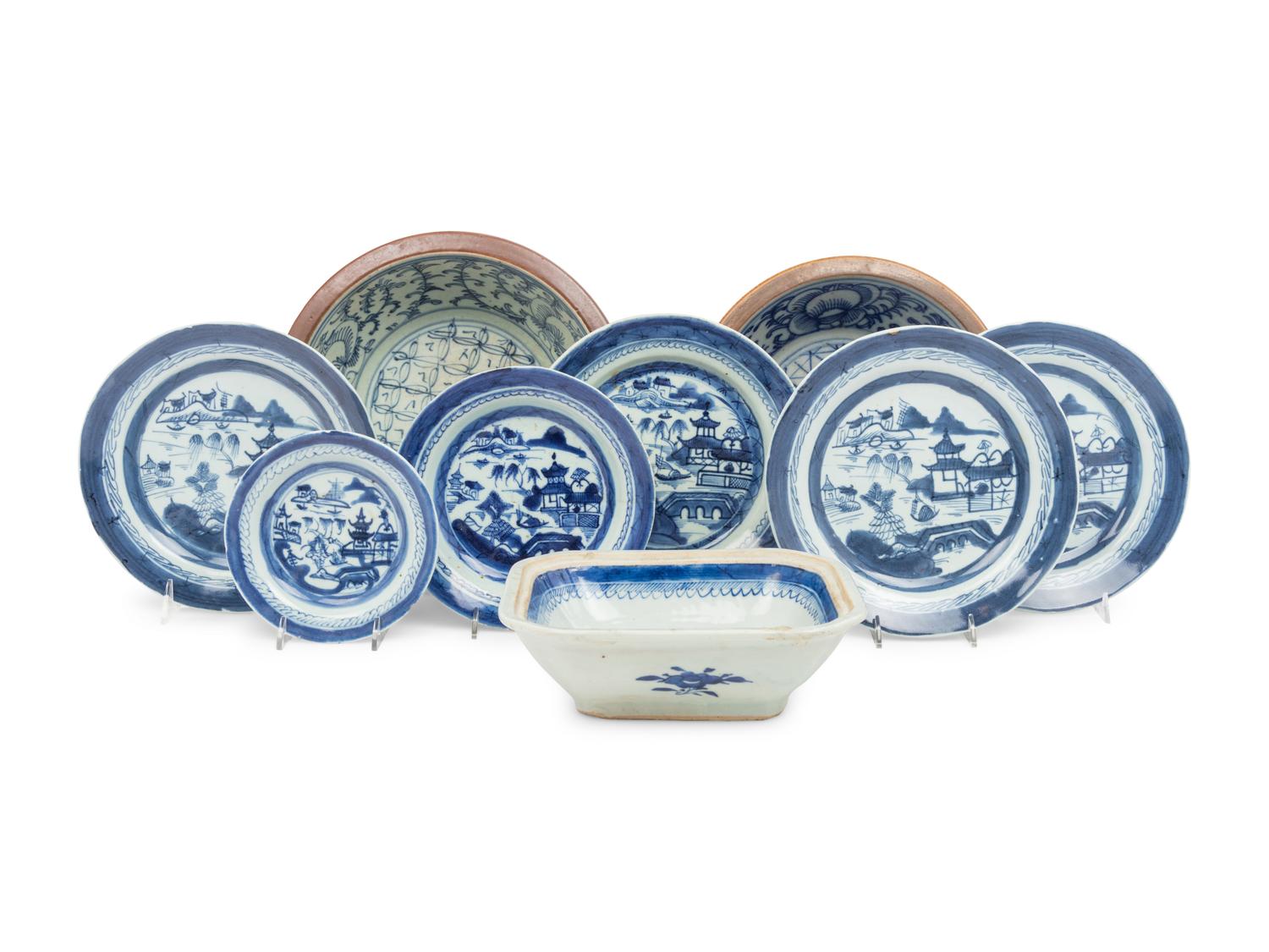 Nine Chinese Export Blue and White Porcelain Bowls and Plates