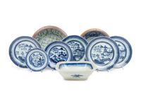 Nine Chinese Export Blue and White Porcelain Bowls and Plates