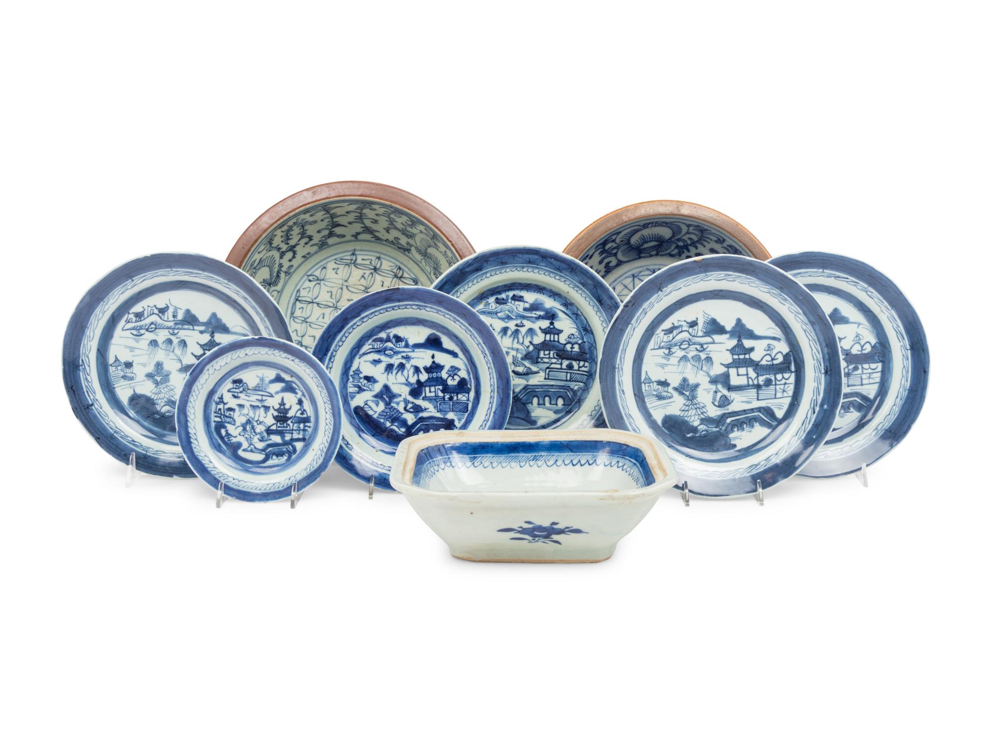 Nine Chinese Export Blue and White Porcelain Bowls and Plates