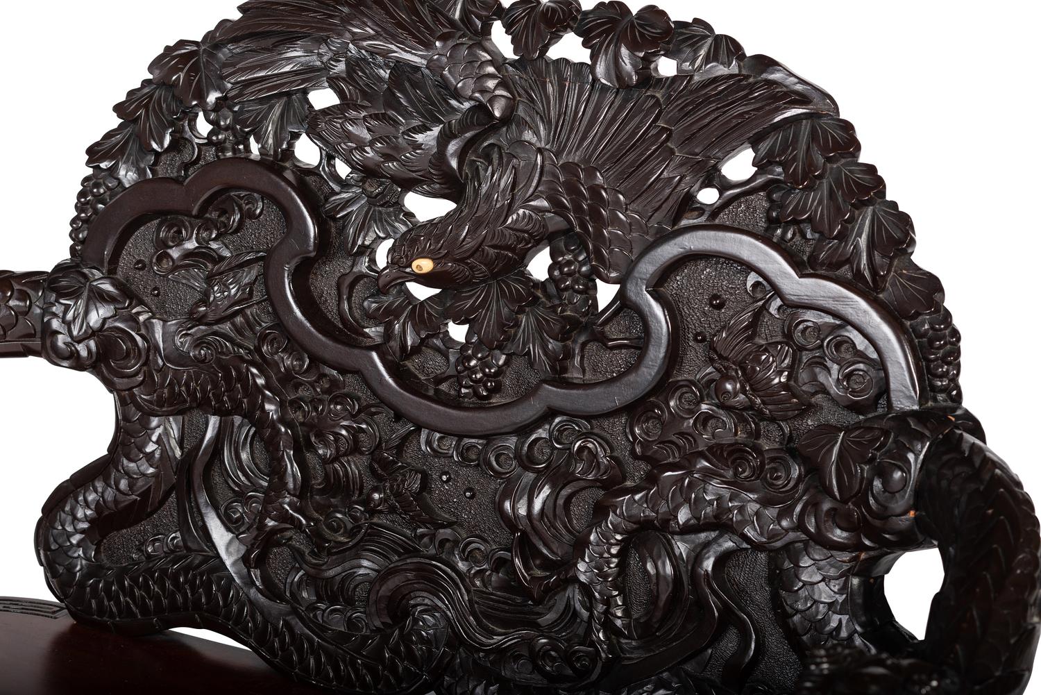 A Japanese Carved Hardwood Armchair, Settee and Marble Inset Stand