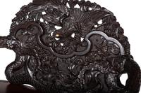A Japanese Carved Hardwood Armchair, Settee and Marble Inset Stand