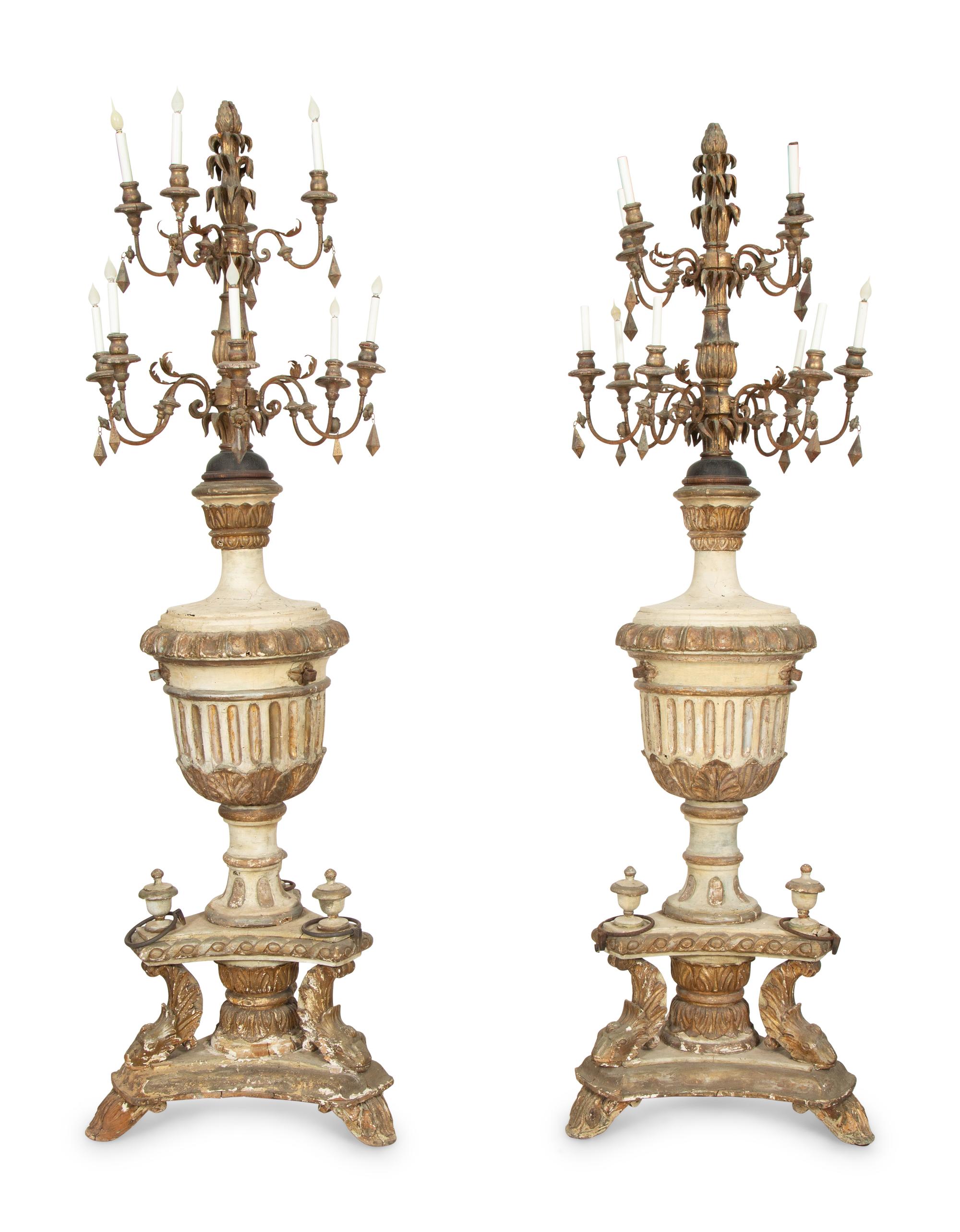 A Pair of Italian Painted and Parcel Gilt Ten-Light Torcheres
