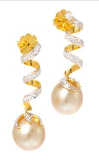 A Pair of Yellow Gold, Cultured Golden South Sea Pearl and Diamond Dangle Earrings, 6.70 dwts.