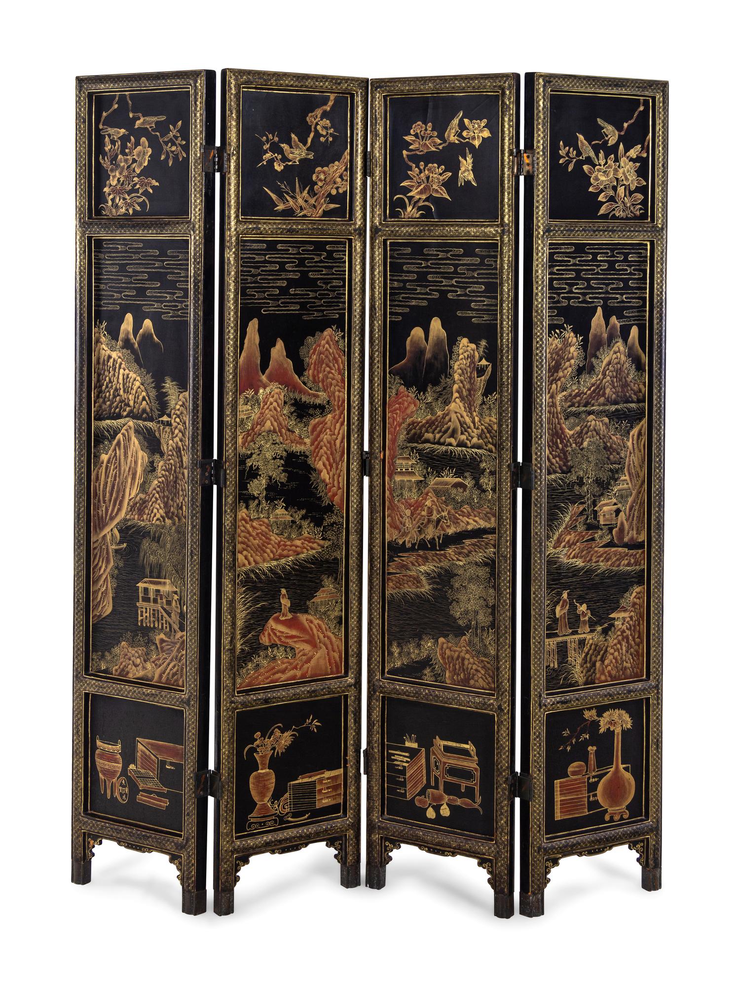 A Japanese Black-Lacquered and Parcel-Gilt Four-Panel Floor Screen
