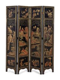 A Japanese Black-Lacquered and Parcel-Gilt Four-Panel Floor Screen
