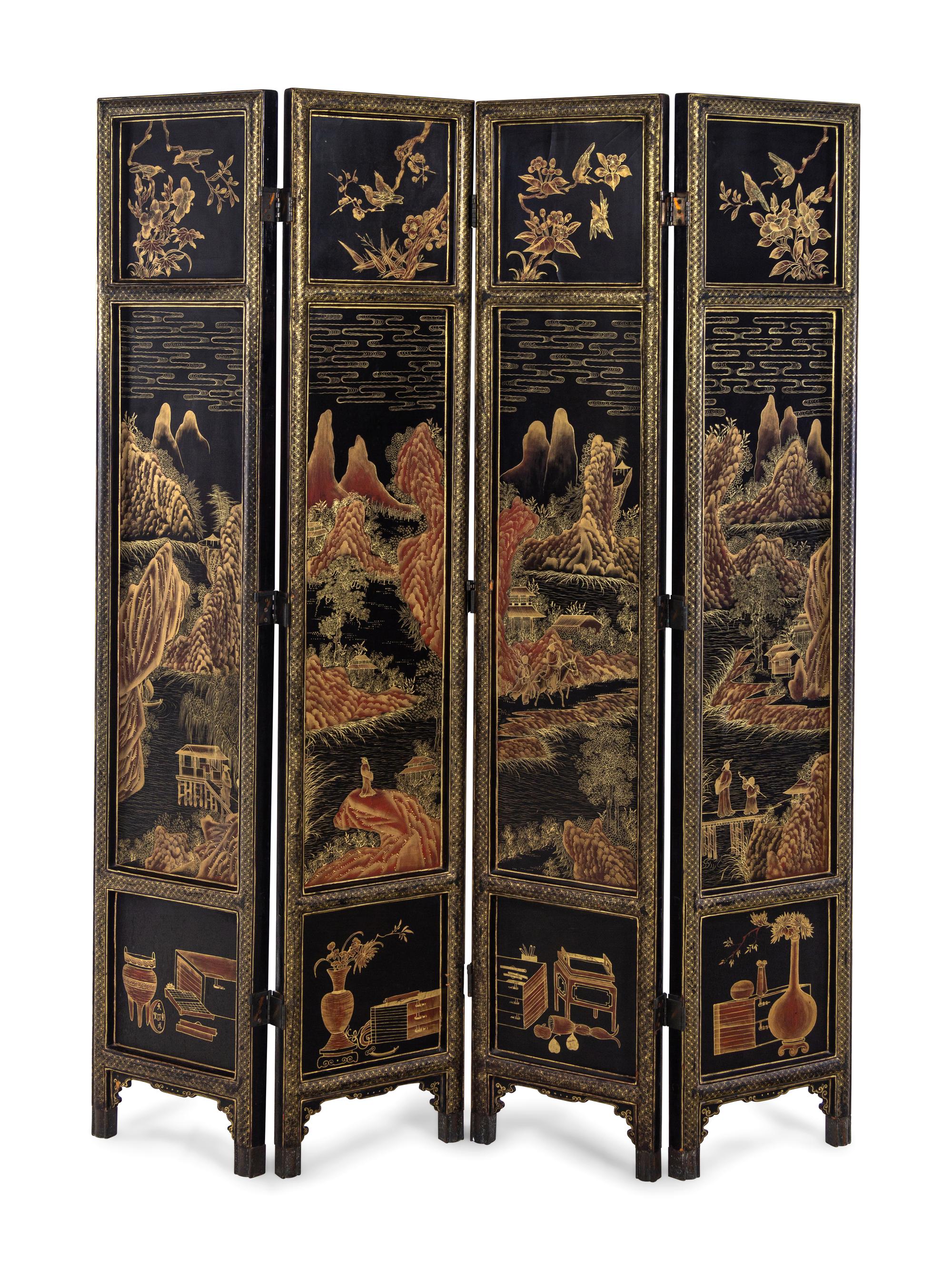 A Japanese Black-Lacquered and Parcel-Gilt Four-Panel Floor Screen
