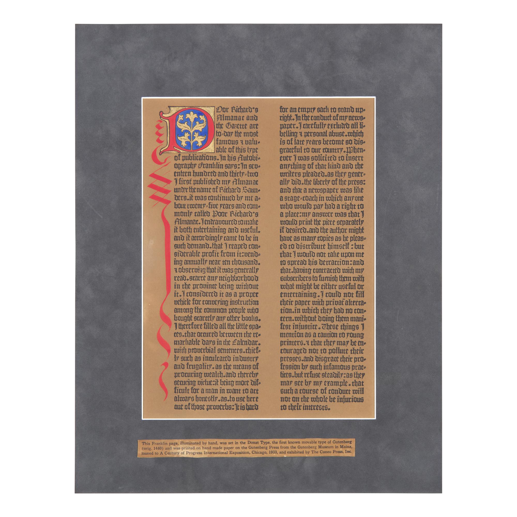 [Americana] [Franklin, Benjamin] Poor Richard's Almanac, leaf printed on the Gutenberg Press