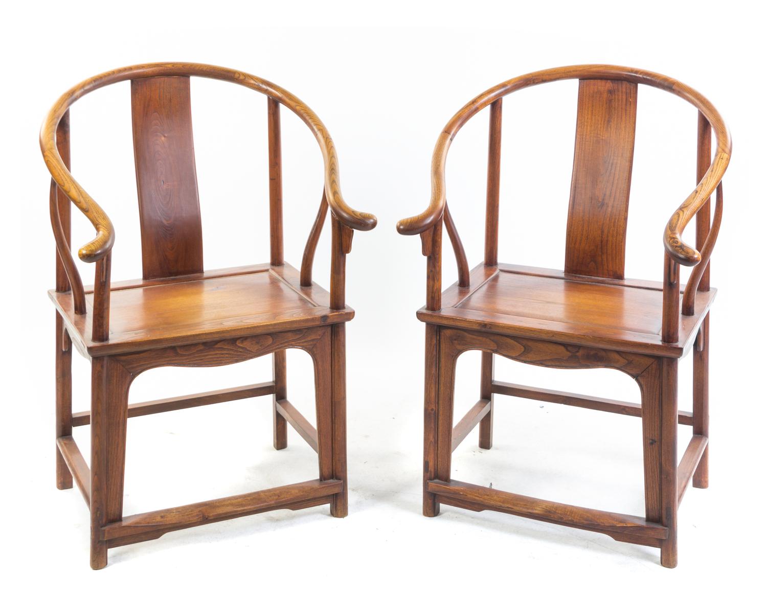 A Pair of Chinese Elm Armchairs Height 39 1/2 inches.