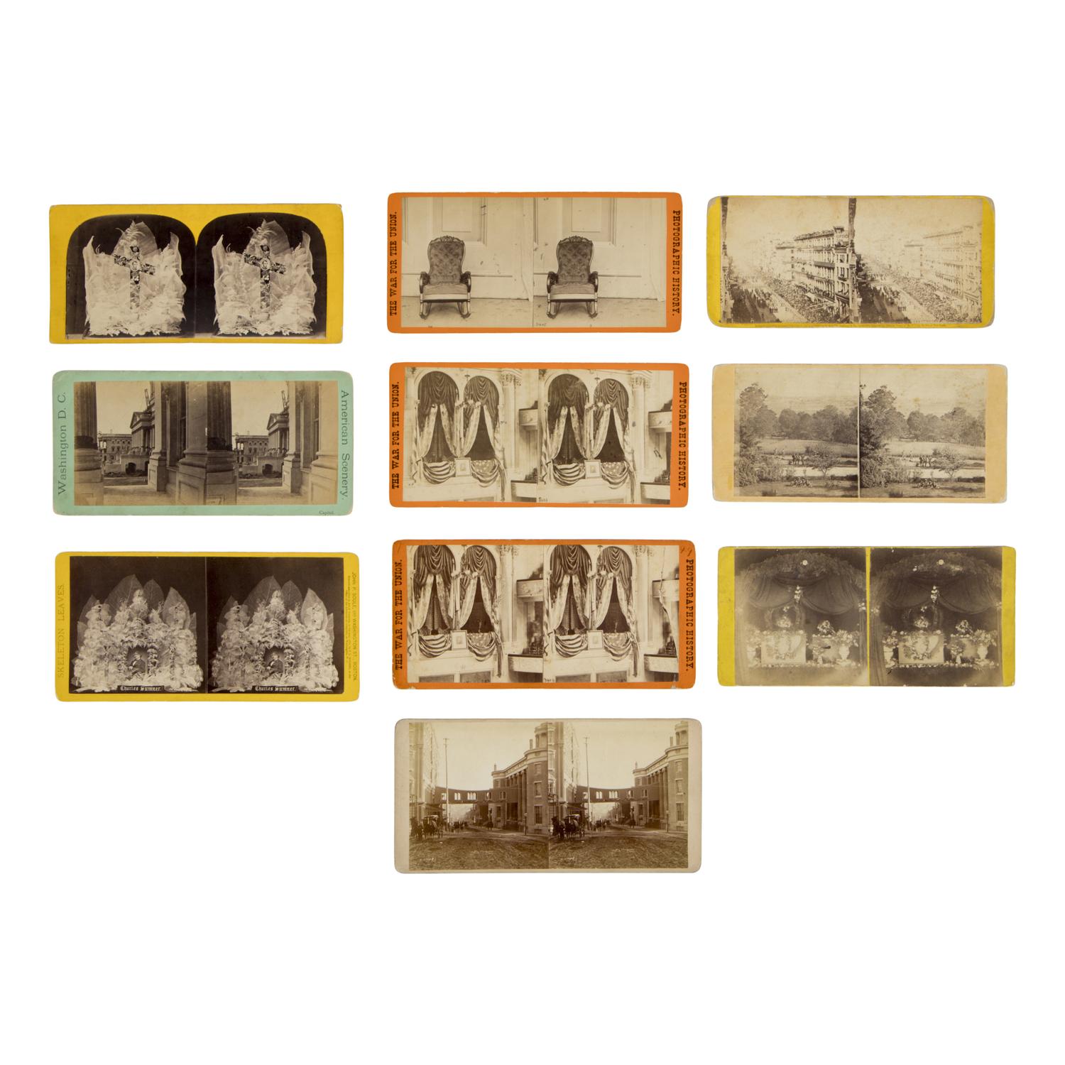 [Lincoln, Abraham]. A group of 13 photos related to Lincoln, his death, and funeral, including buildings draped in mourning.