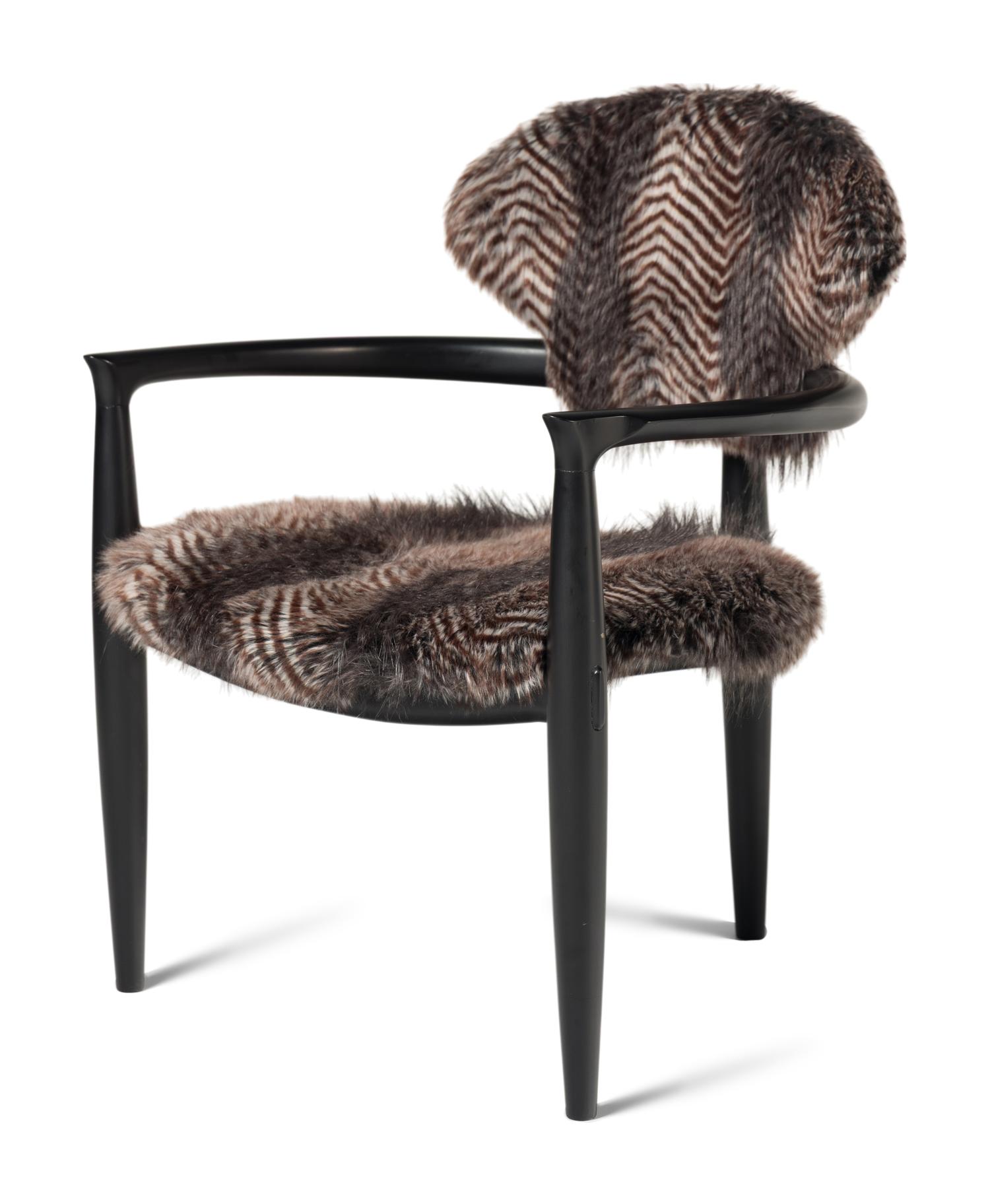 A Set of Four Faux Fur-Upholstered Ebonized Armchairs
