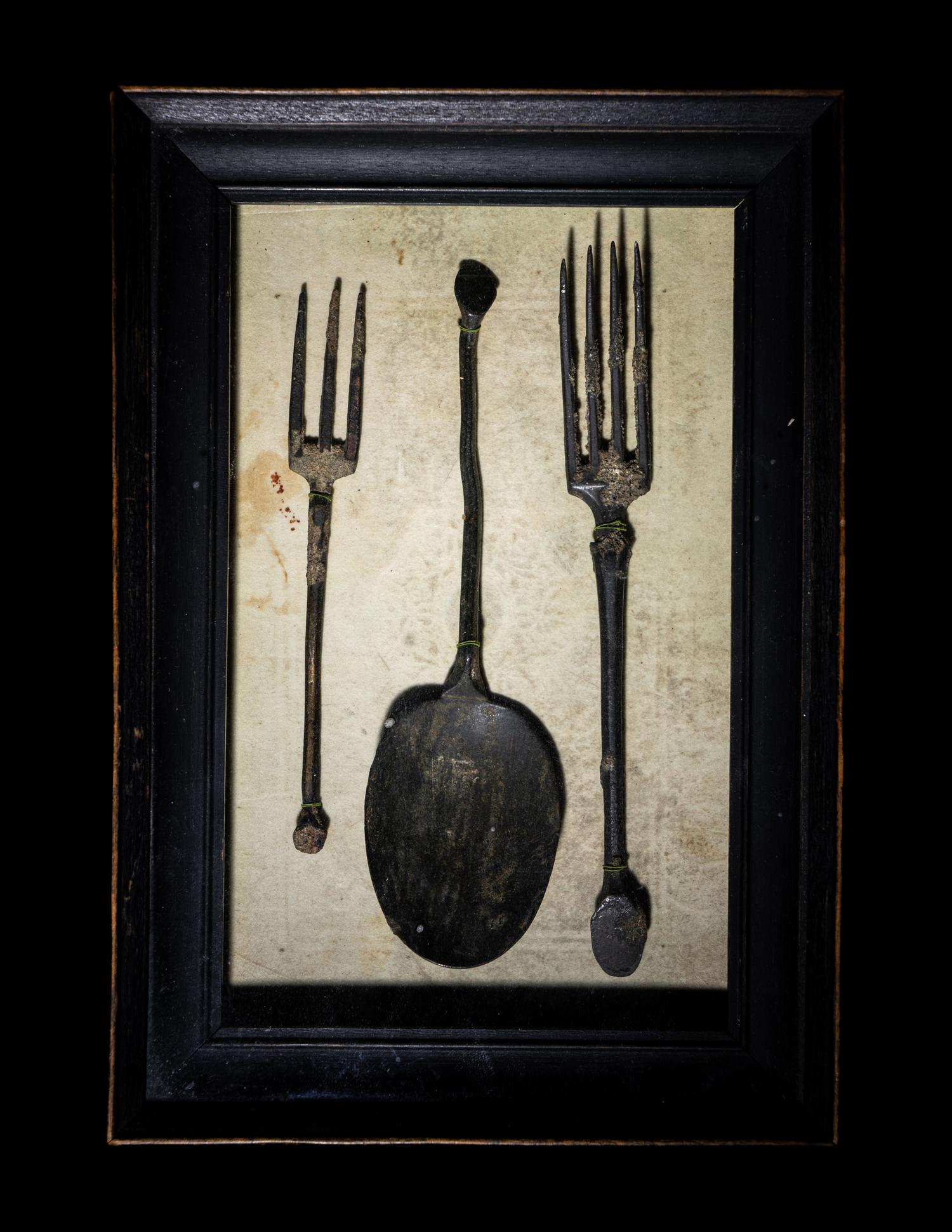 A Group of Roman Bronze Cutlery (Two Forks and One Spoon)