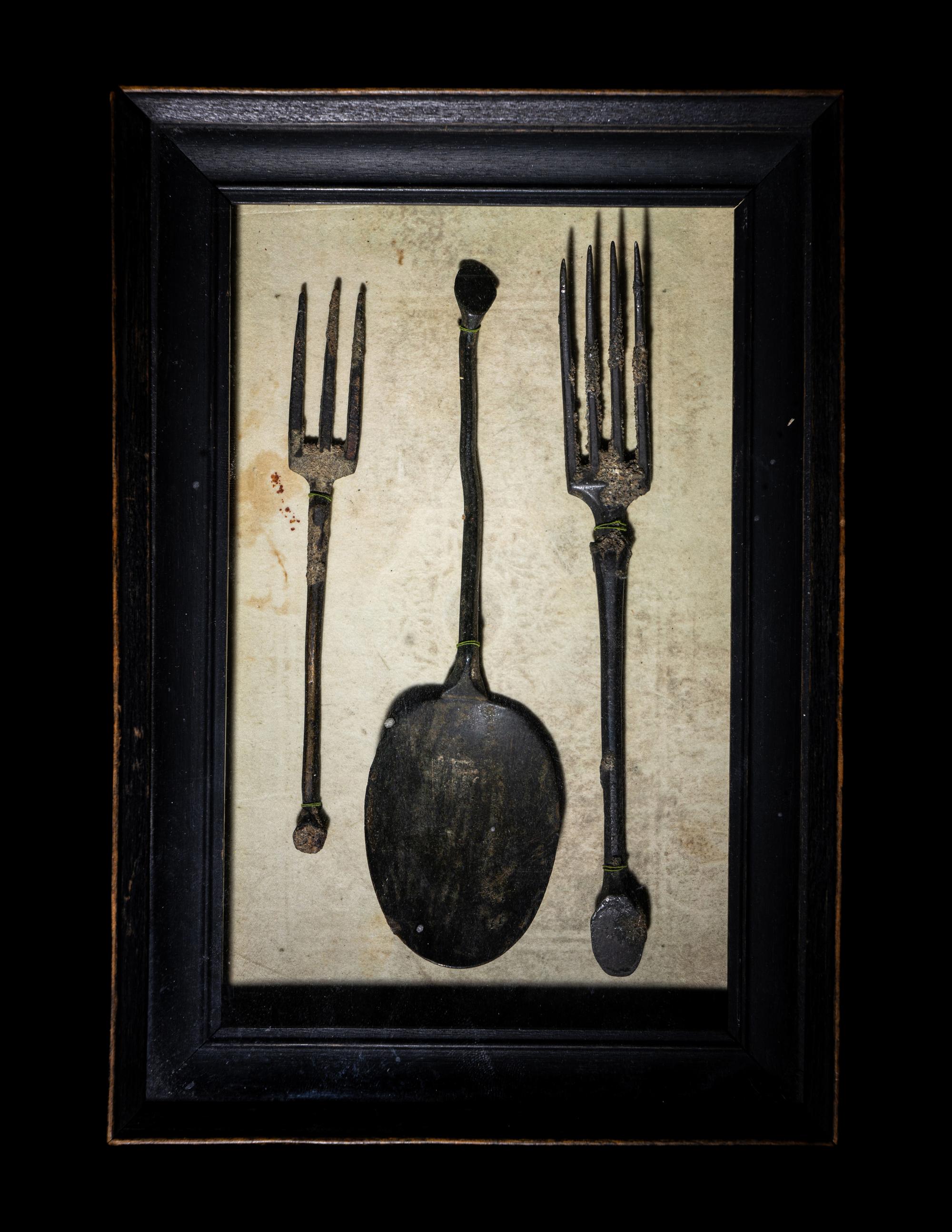 A Group of Roman Bronze Cutlery (Two Forks and One Spoon)