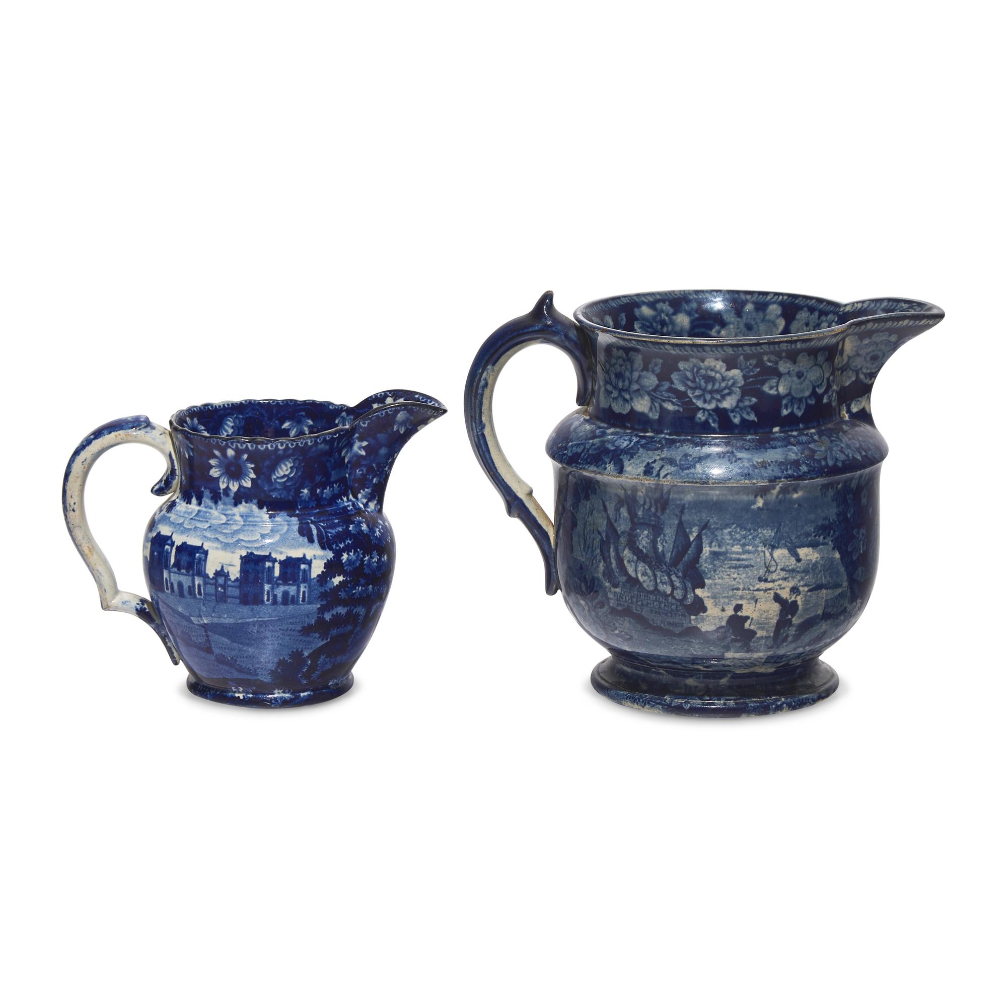 Two Staffordshire Historical Blue Pitchers