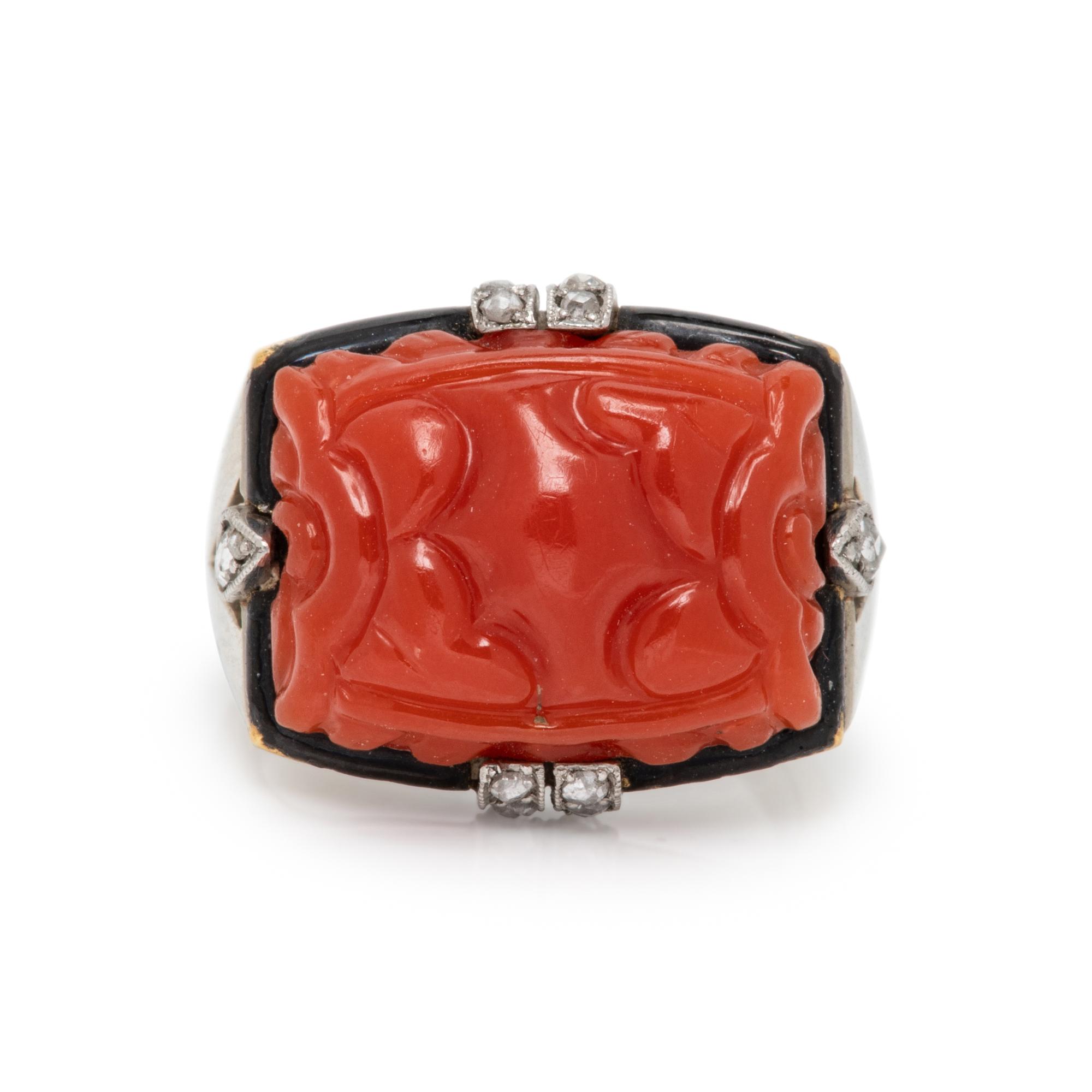 CARNELIAN, DIAMOND, AND ENAMEL RING