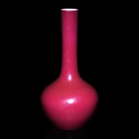 A Small Chinese Ruby Red Glazed Bottle Vase, Qianlong Mark 乾隆款 紅釉直頸瓶