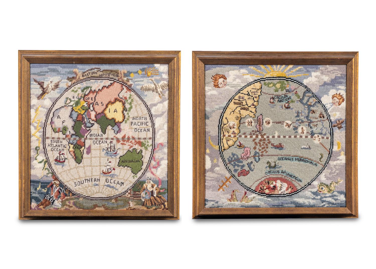 A Pair of English Needlepoint Geographic Panels