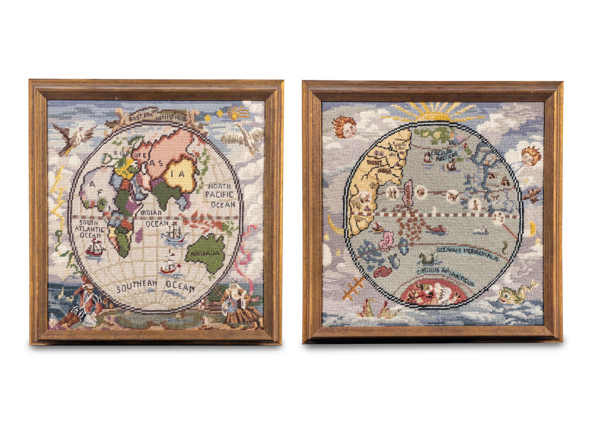 A Pair of English Needlepoint Geographic Panels