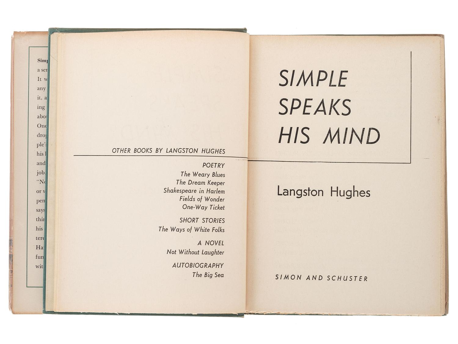 HUGHES, Langston (1901-1967). Simple Speaks His Mind. [New York]: Simon & Schuster, 1950.