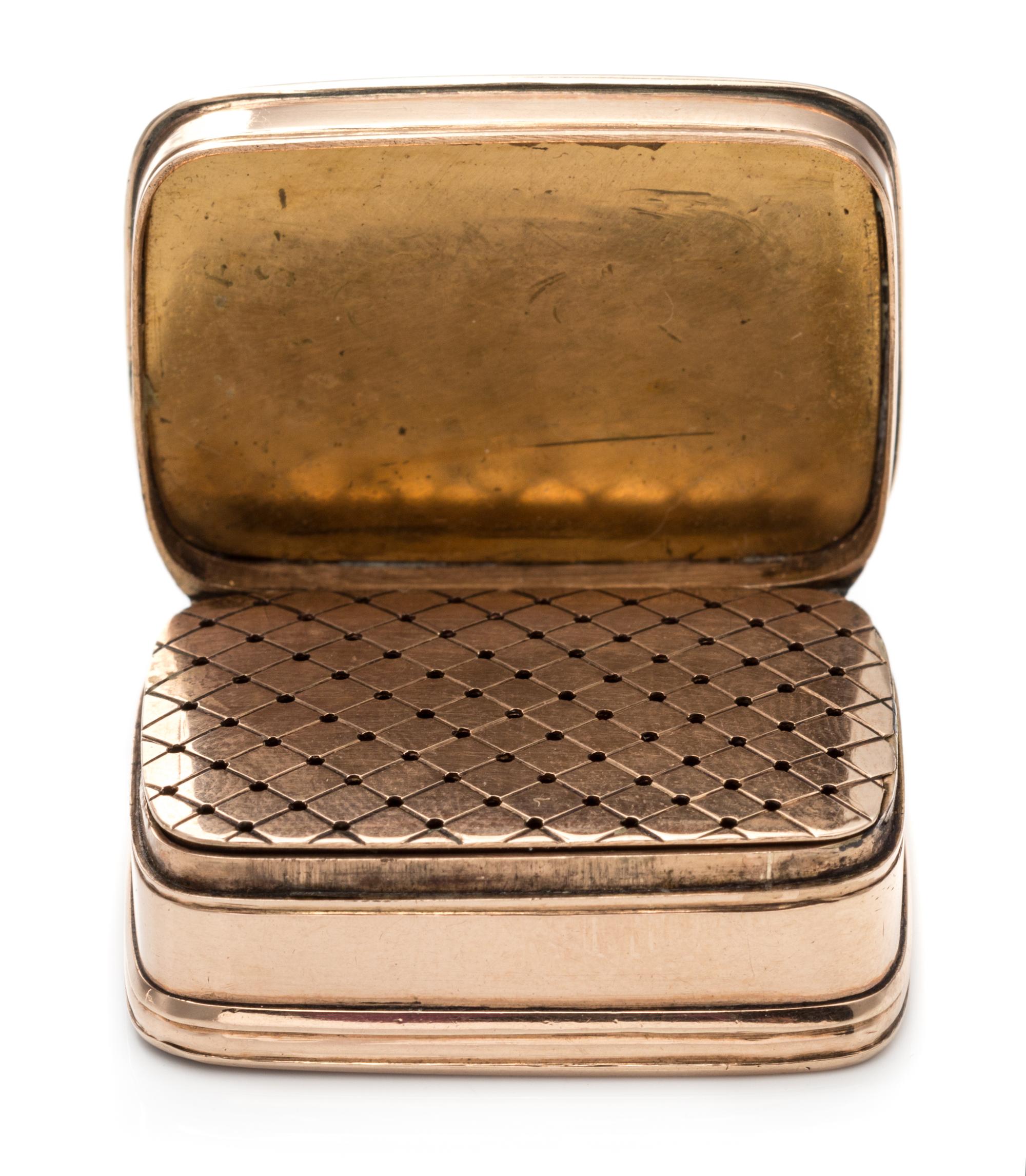 A 14 Karat Rose Gold, Diamond, Hardstone and Enamel Vinaigrette, Apparently Unmarked, the lid centered by a floral element decorated wi