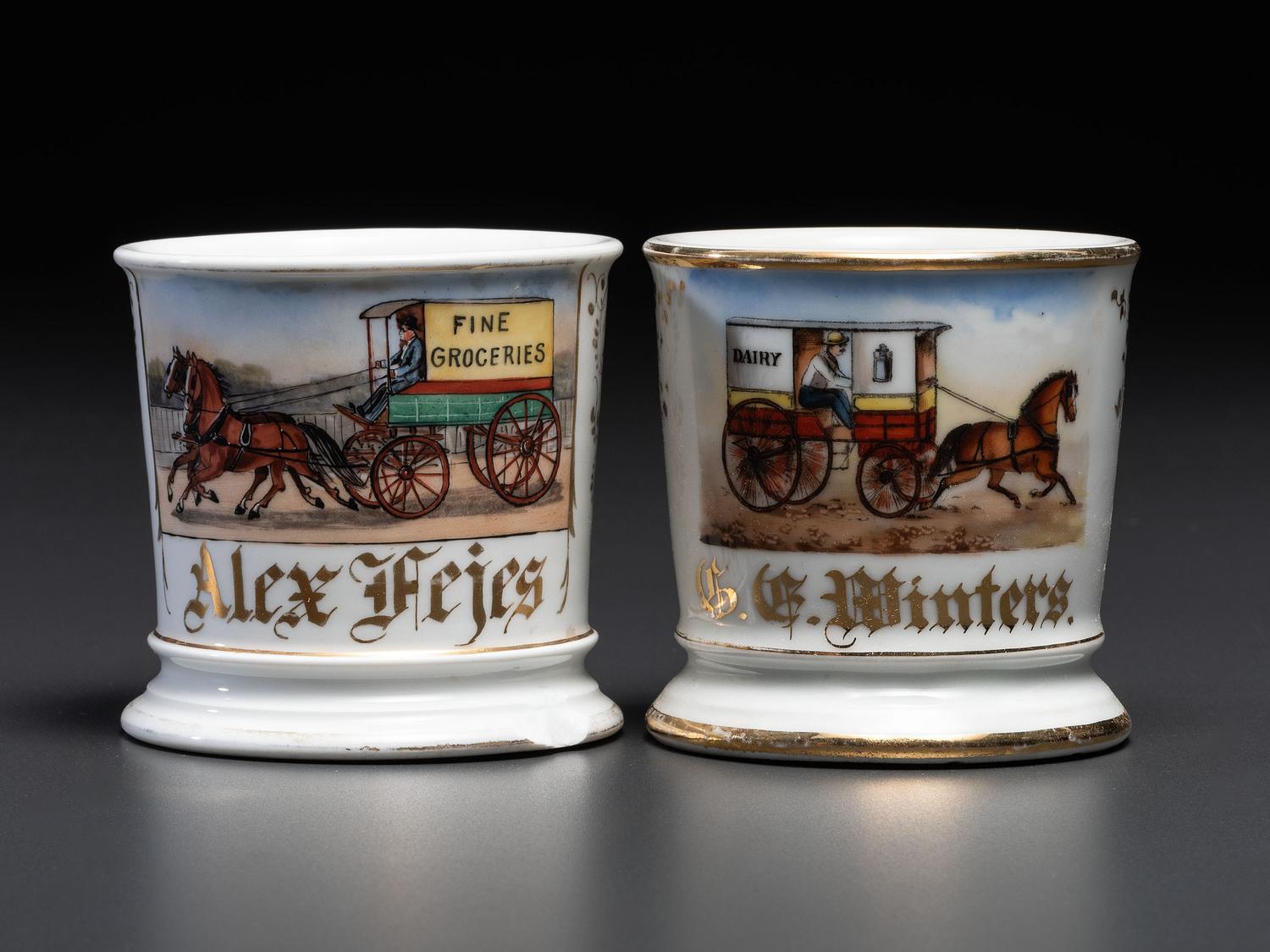 Two Porcelain Occupational Shaving Mugs with Horse-Drawn Delivery Wagons