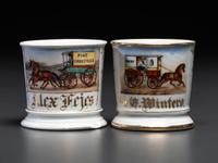 Two Porcelain Occupational Shaving Mugs with Horse-Drawn Delivery Wagons