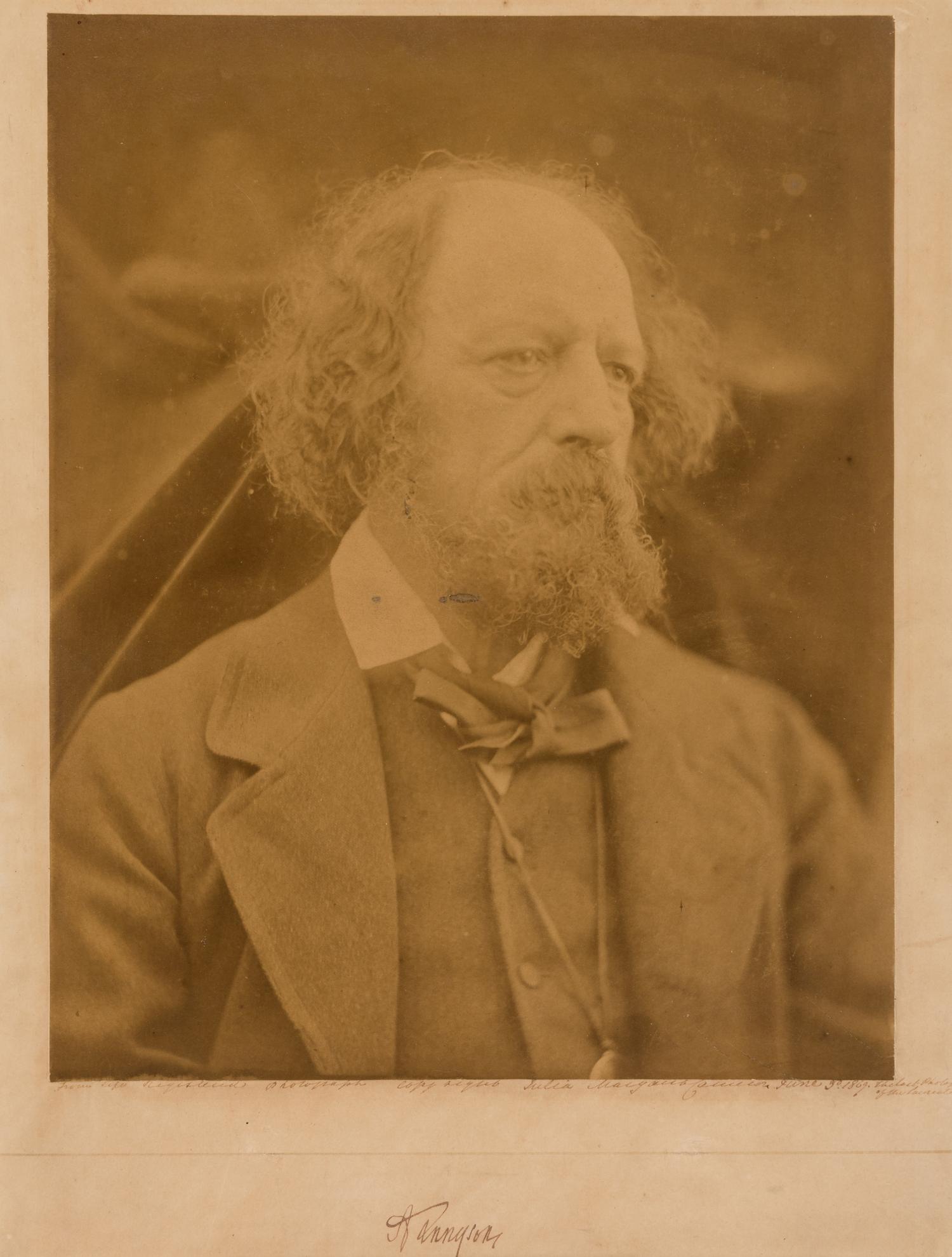 [TENNYSON, Alfred (1809-1892), subject]. -- CAMERON, Julia Margaret (1815-1879), photographer. Albumen photograph portrait of Tennyson, SIGNED BY BOTH, 3 June 1869.