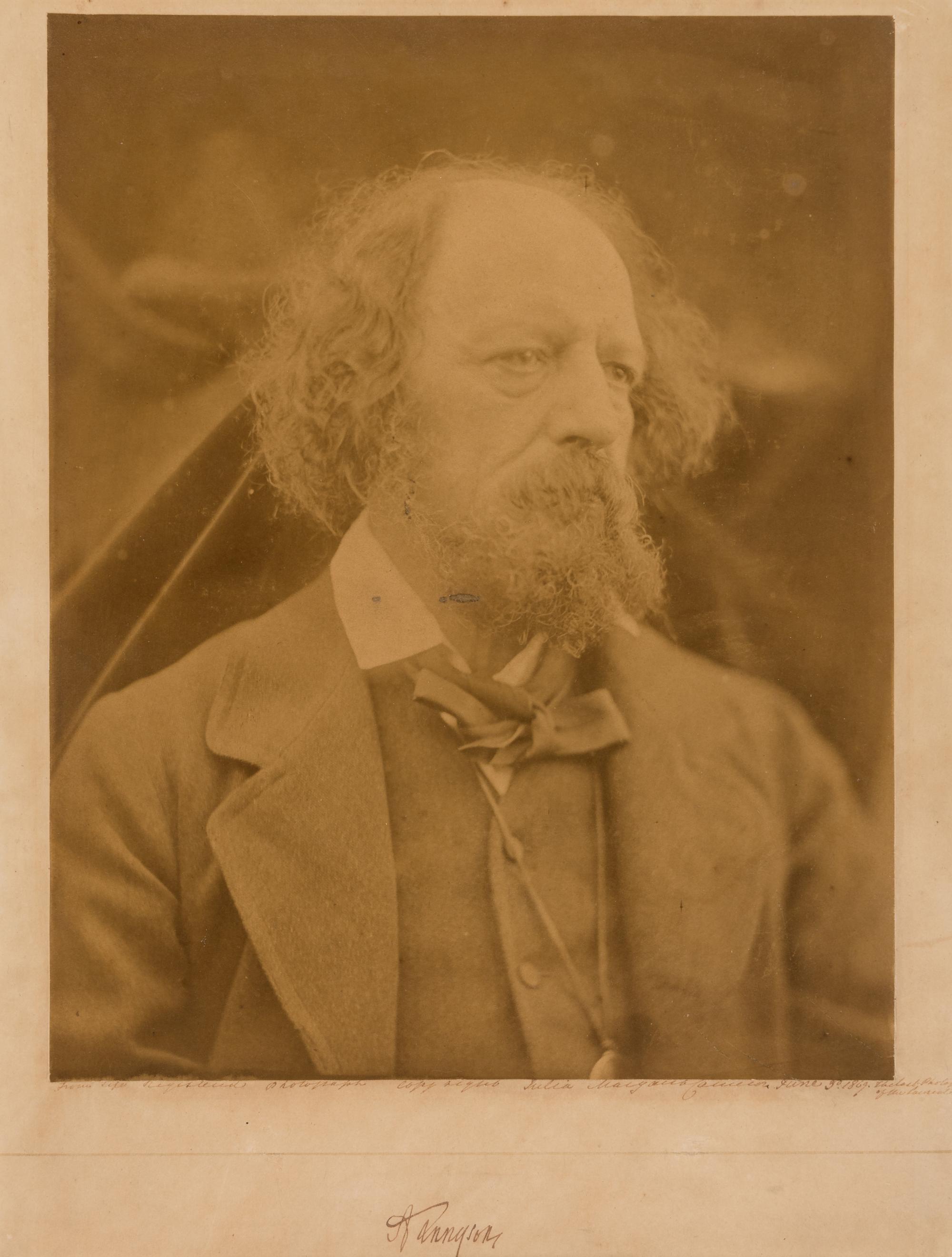 [TENNYSON, Alfred (1809-1892), subject]. -- CAMERON, Julia Margaret (1815-1879), photographer. Albumen photograph portrait of Tennyson, SIGNED BY BOTH, 3 June 1869.