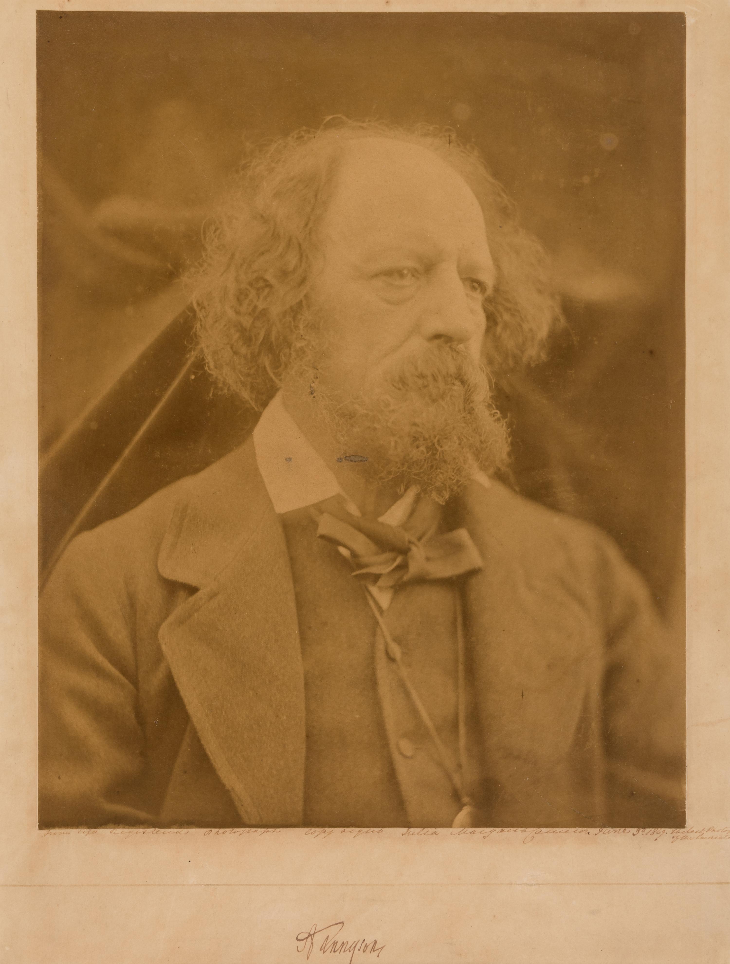 [TENNYSON, Alfred (1809-1892), subject]. -- CAMERON, Julia Margaret (1815-1879), photographer. Albumen photograph portrait of Tennyson, SIGNED BY BOTH, 3 June 1869.