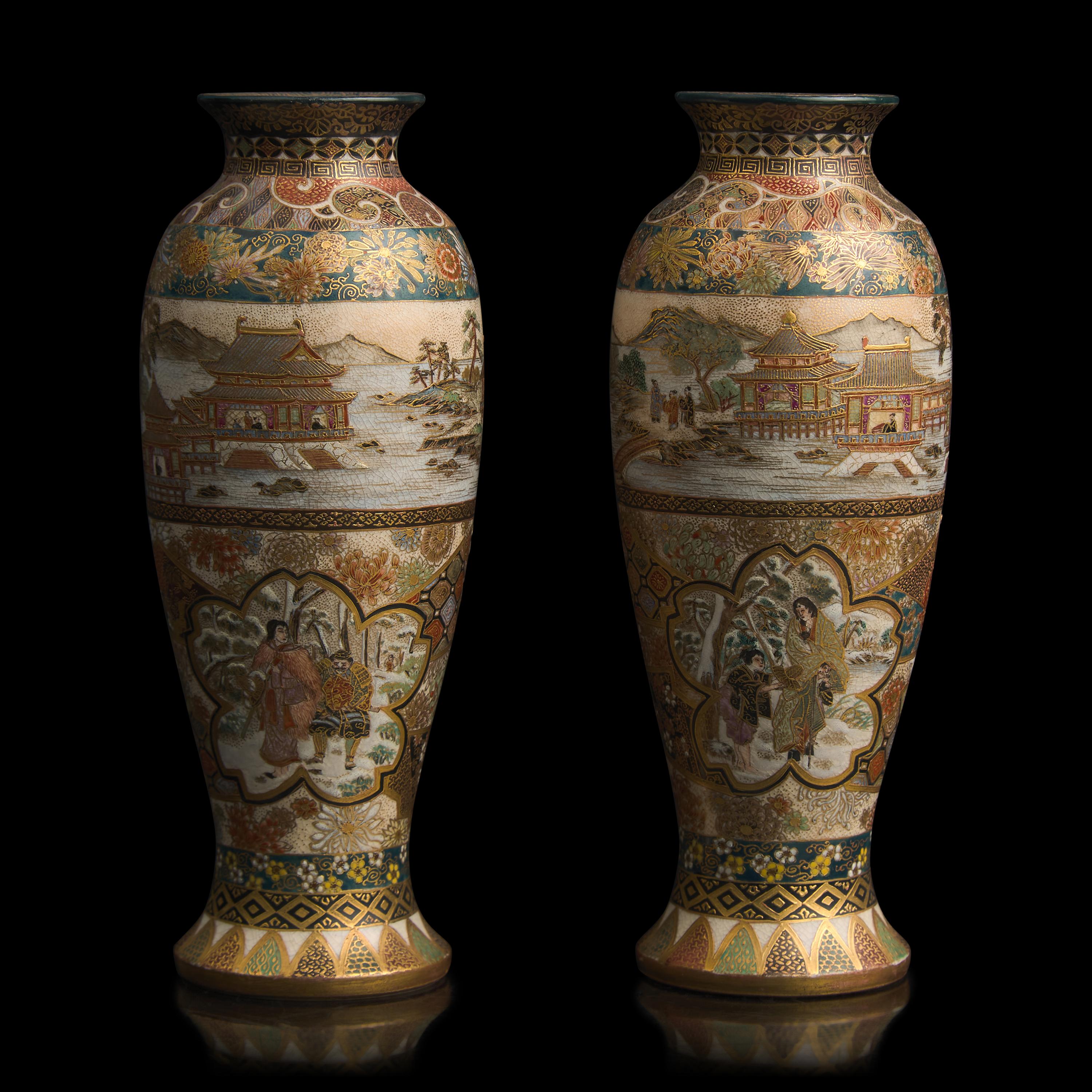 A Pair of Japanese Satsuma Type Cabinet Vases, Yozan, Meiji Period