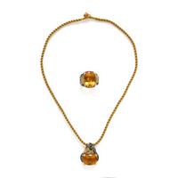 Multigem, Yellow Gold, and Blackened Gold Ring and Pendant Necklace