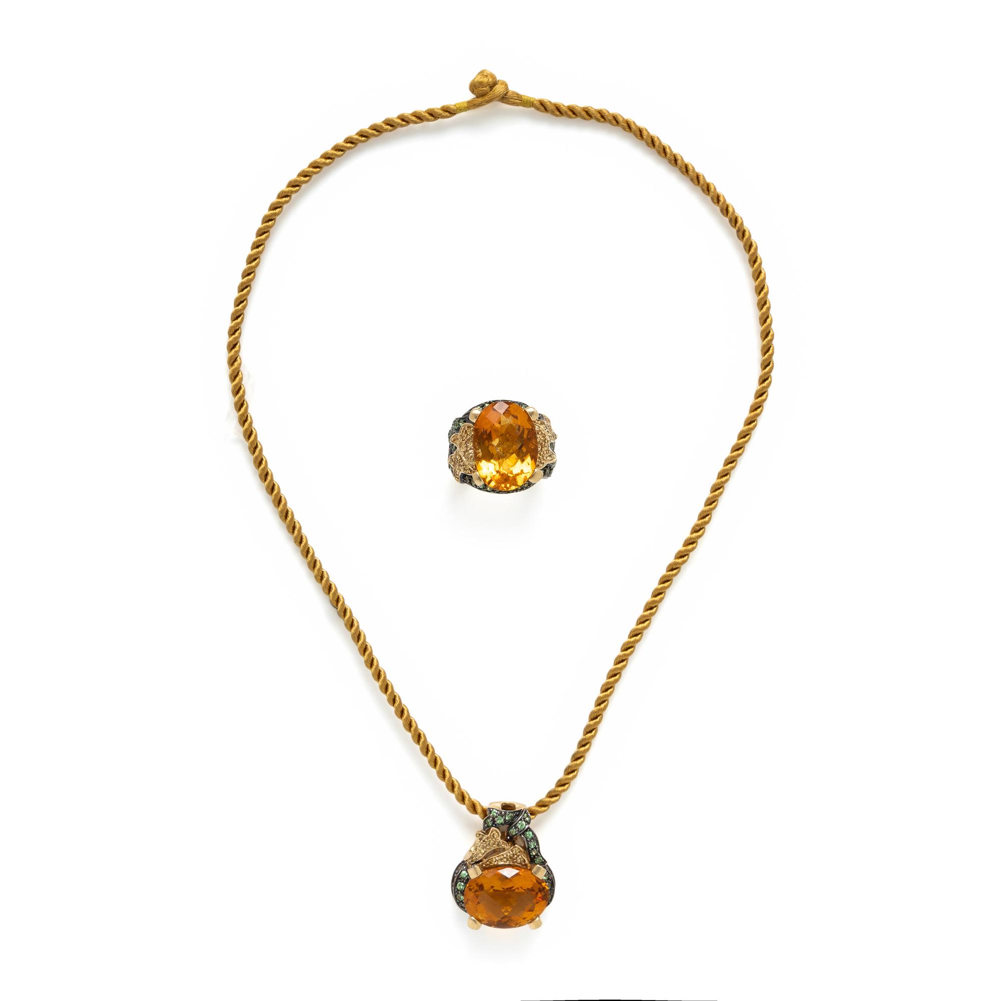Multigem, Yellow Gold, and Blackened Gold Ring and Pendant Necklace
