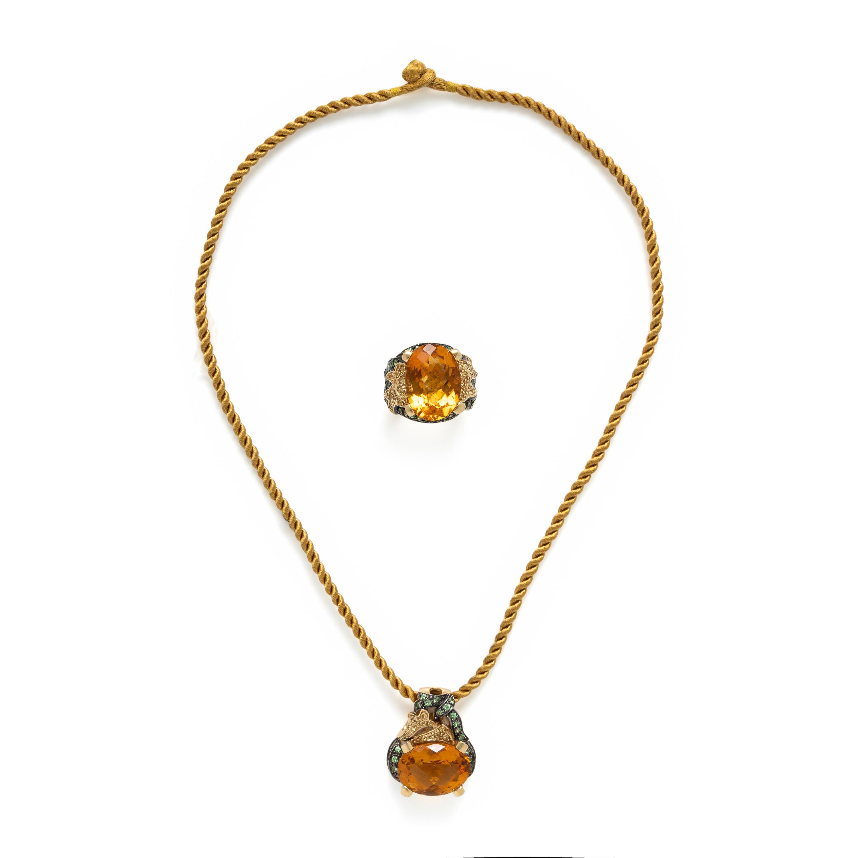 Multigem, Yellow Gold, and Blackened Gold Ring and Pendant Necklace