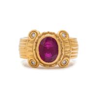 HIGH KARAT GOLD, GLASS FILLED RUBY AND DIAMOND RING