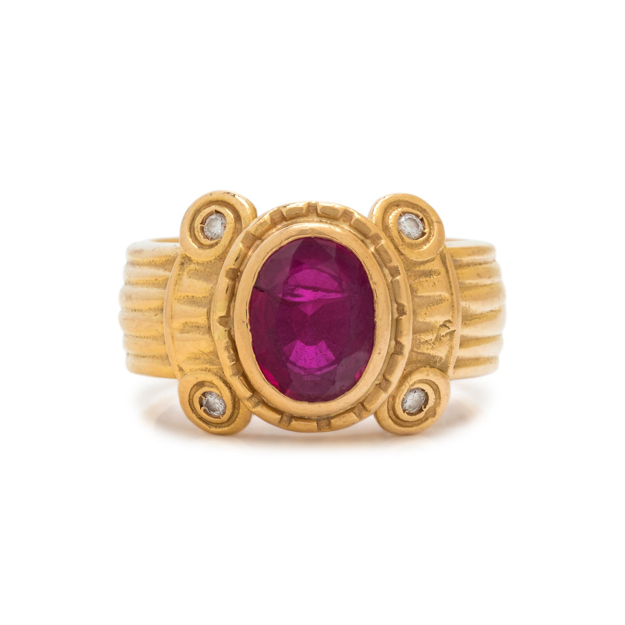 HIGH KARAT GOLD, GLASS FILLED RUBY AND DIAMOND RING