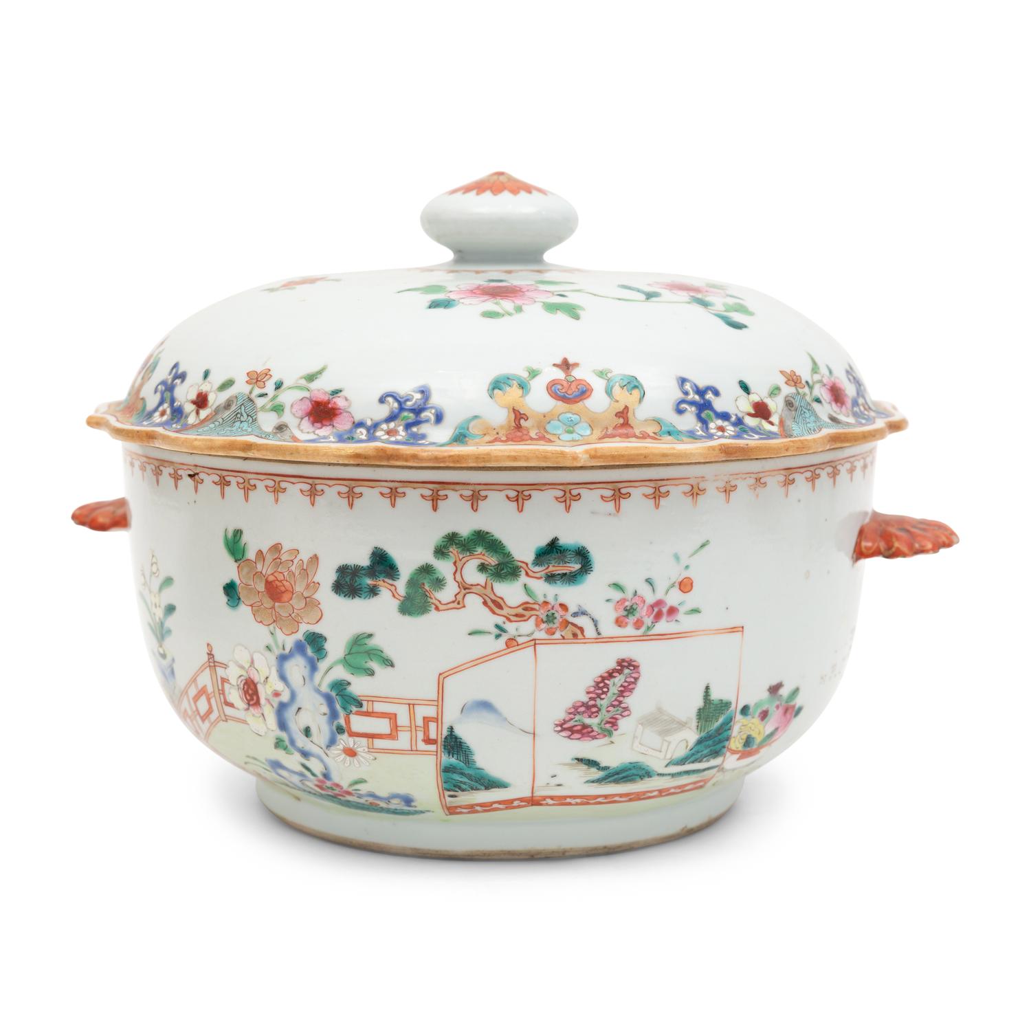 A Pair of Chinese Export Porcelain Tureens and Two Famille Rose Porcelain Platters