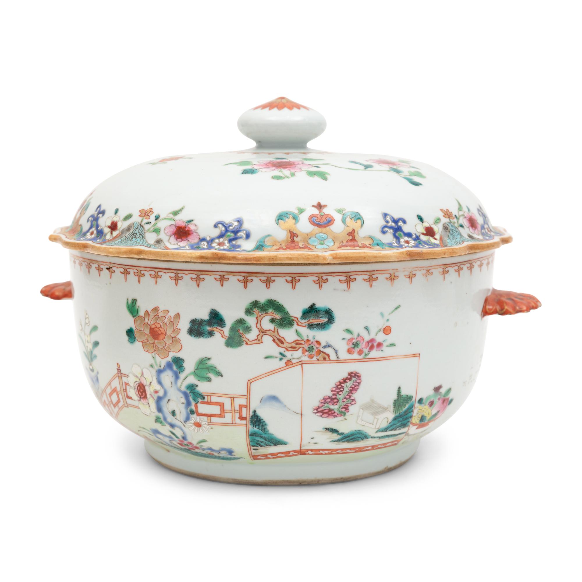 A Pair of Chinese Export Porcelain Tureens and Two Famille Rose Porcelain Platters