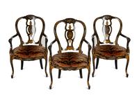 A Set of Three Victorian Ebonized Gilt and Mother of Pearl Chinoiserie Open Armchairs