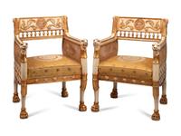 A Pair of Italian Neoclassical Style Painted and Parcel-Gilt Armchairs