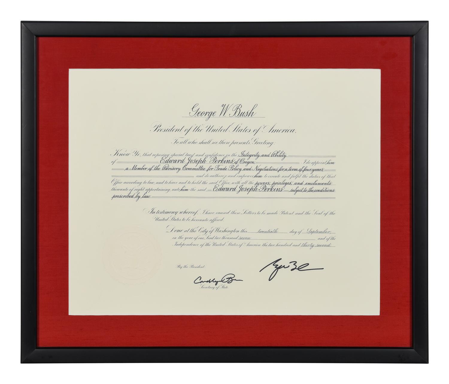 [POLITICS]. [PERKINS, Edward Joseph (1928-2020)]. A group of 9 appointments by Presidents Reagan, Bush, Clinton, and Bush to Perkins, presumably with secretarial or facsimile signatures, including: