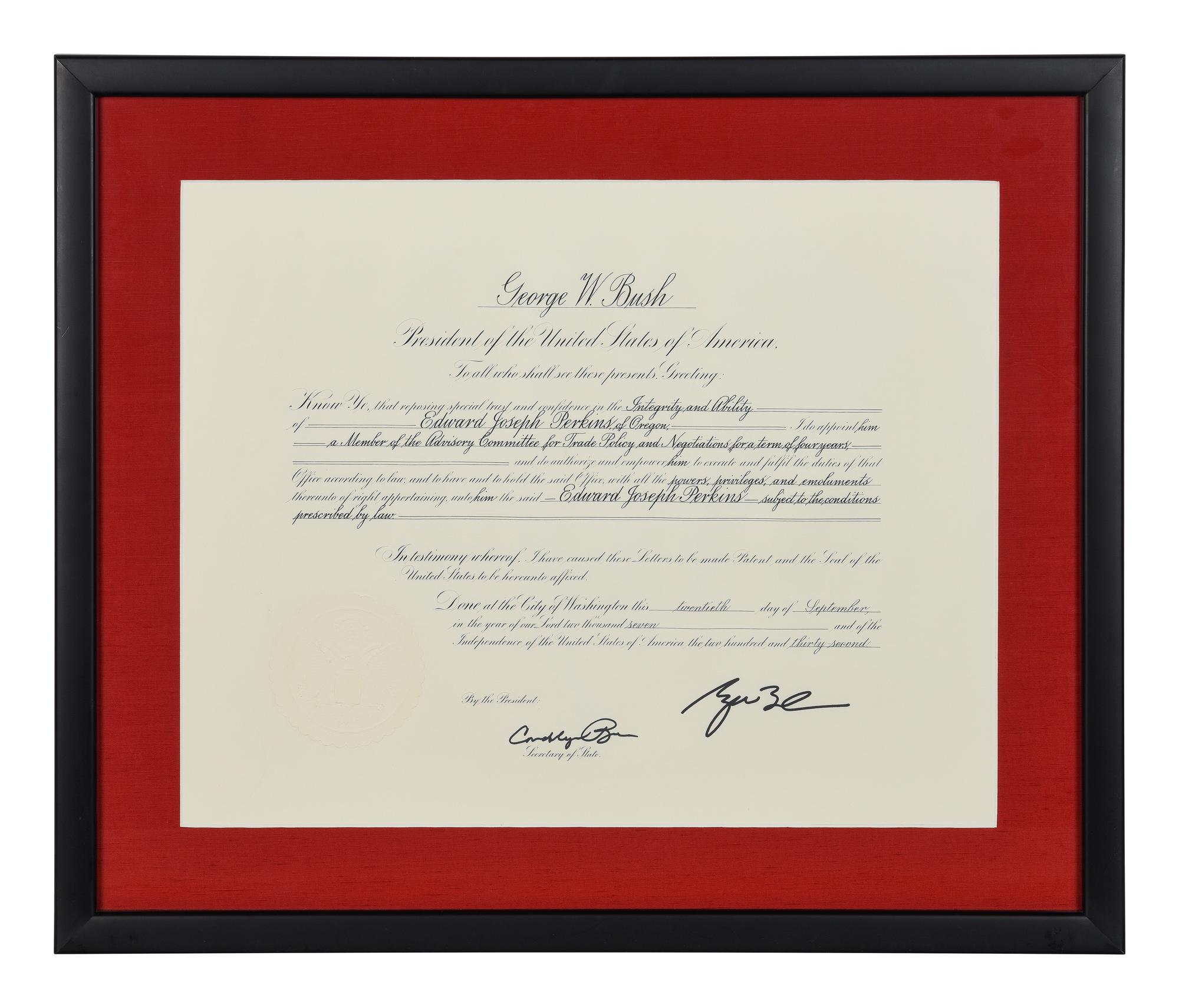 [POLITICS]. [PERKINS, Edward Joseph (1928-2020)]. A group of 9 appointments by Presidents Reagan, Bush, Clinton, and Bush to Perkins, presumably with secretarial or facsimile signatures, including:
