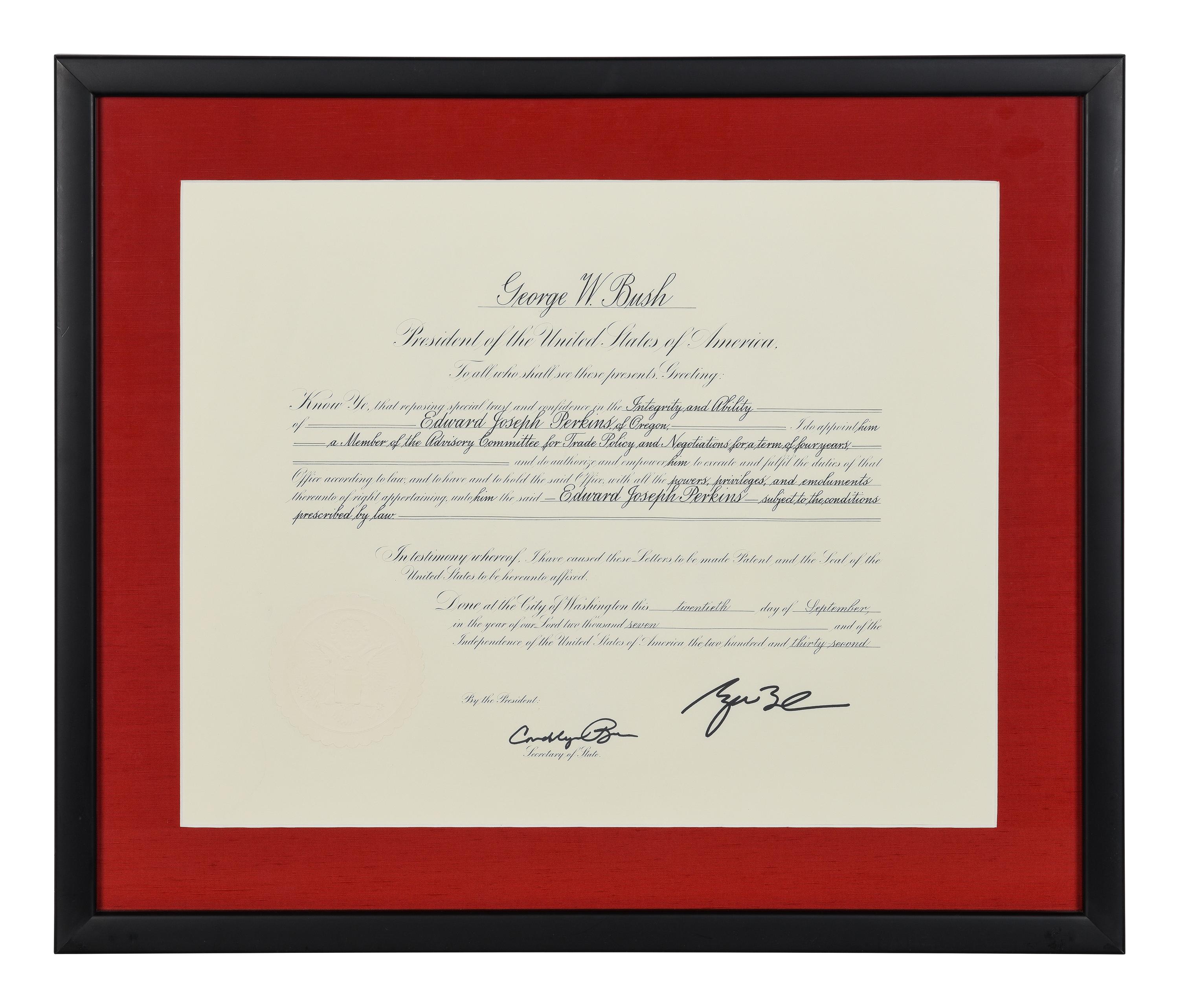 [POLITICS]. [PERKINS, Edward Joseph (1928-2020)]. A group of 9 appointments by Presidents Reagan, Bush, Clinton, and Bush to Perkins, presumably with secretarial or facsimile signatures, including: