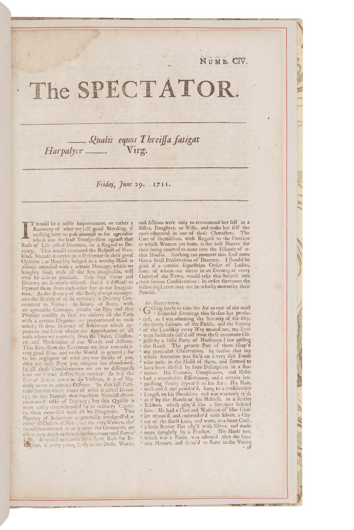 [GRABHORN PRINTING]. An Original Issue of "The Spectator" Together with The Story of the Famous English periodical and of its Founders, Joseph Addison & Richard Steele. San Francisco: The Grabhorn Press for the Book Club of California, 1939.