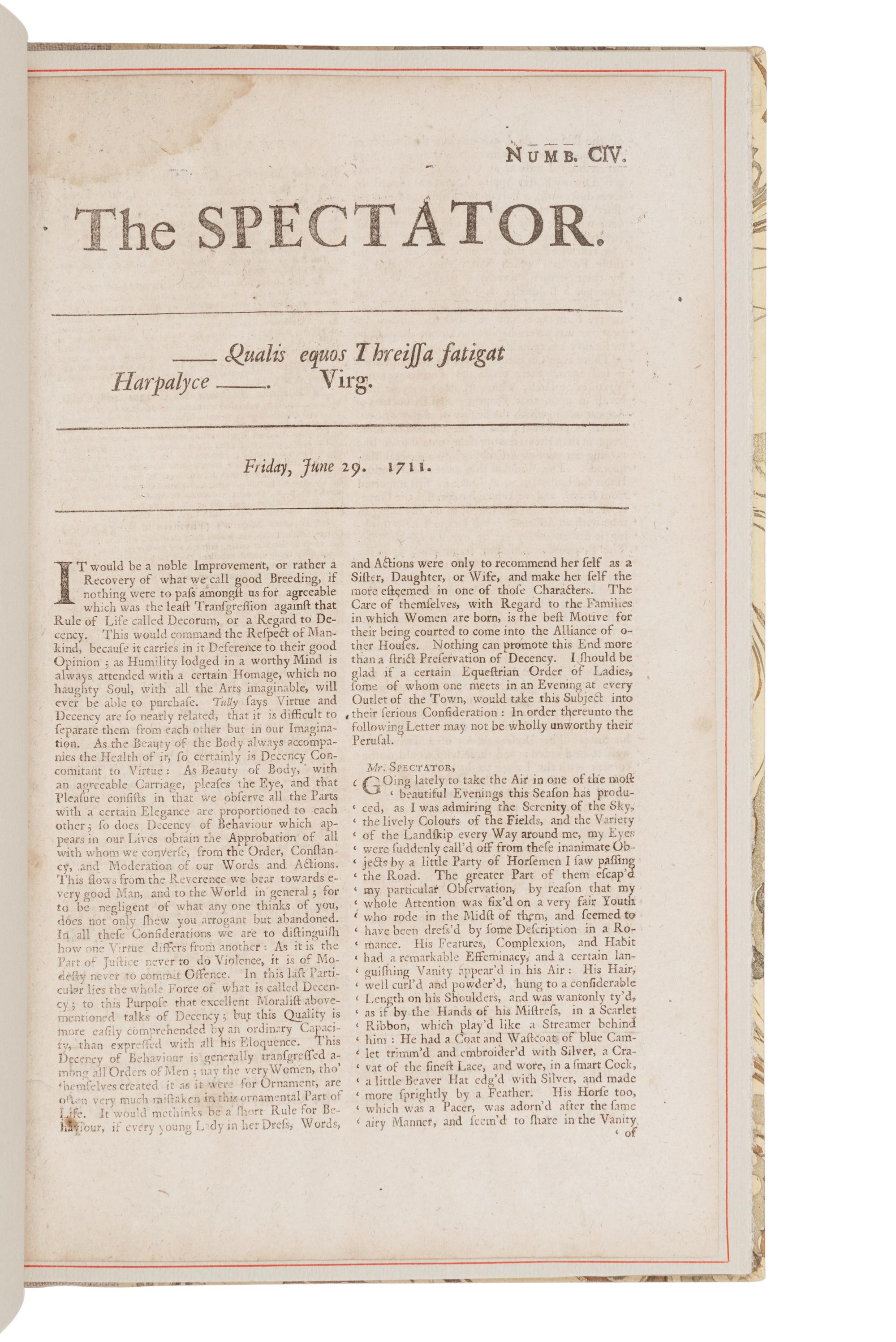 [GRABHORN PRINTING]. An Original Issue of "The Spectator" Together with The Story of the Famous English periodical and of its Founders, Joseph Addison & Richard Steele. San Francisco: The Grabhorn Press for the Book Club of California, 1939.