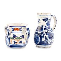 A Delft Blue and White Beer Pitcher and a Polychrome Decorated Posset Pot