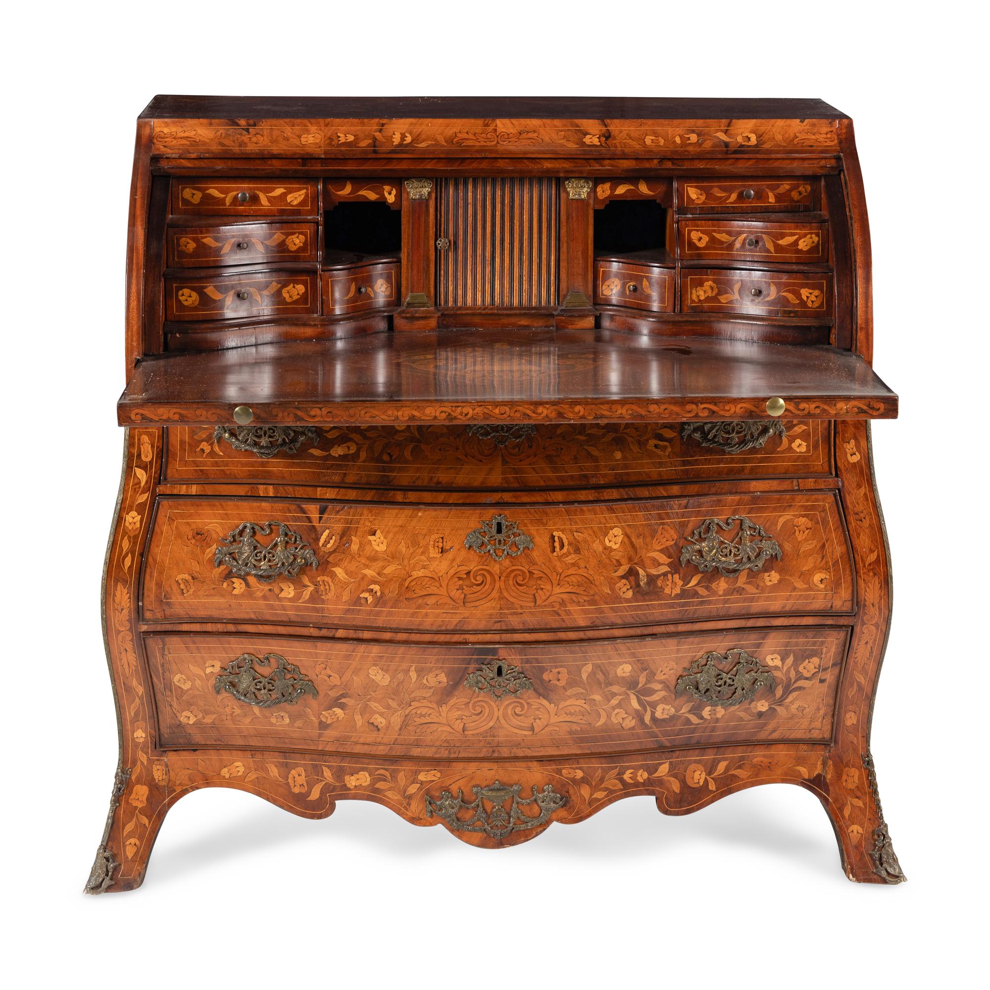 A Dutch Walnut and Marquetry Cylinder Bureau