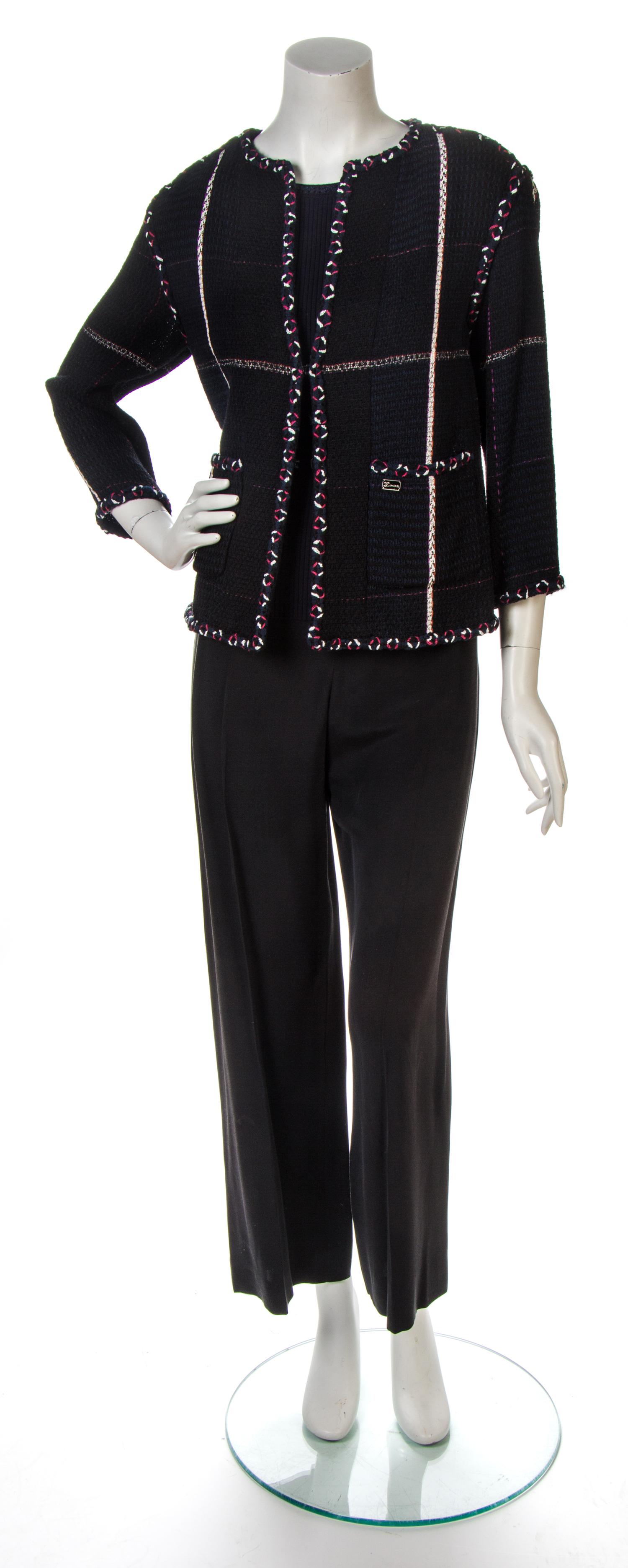 A Chanel Navy, White and Black Cotton and Wool Knit Twinset,