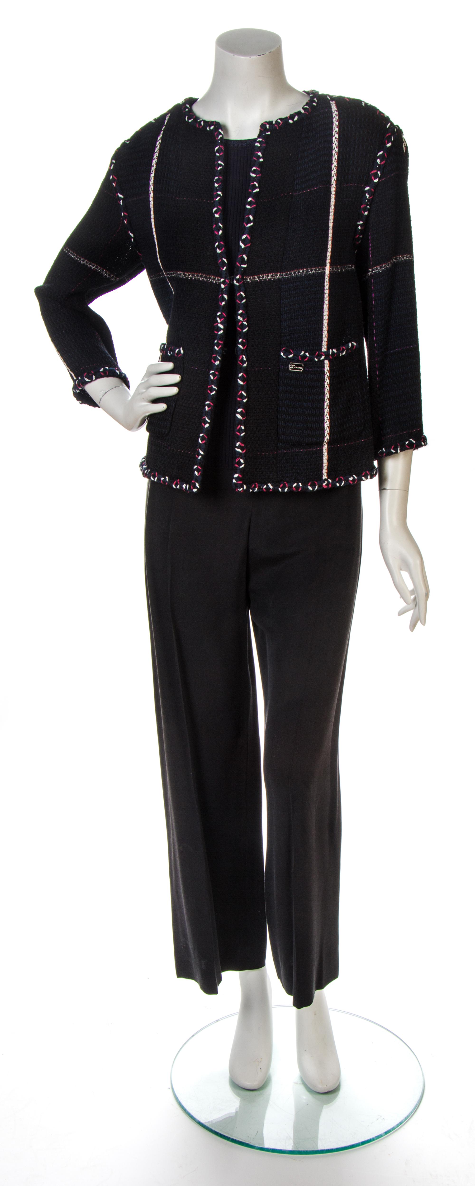 A Chanel Navy, White and Black Cotton and Wool Knit Twinset,