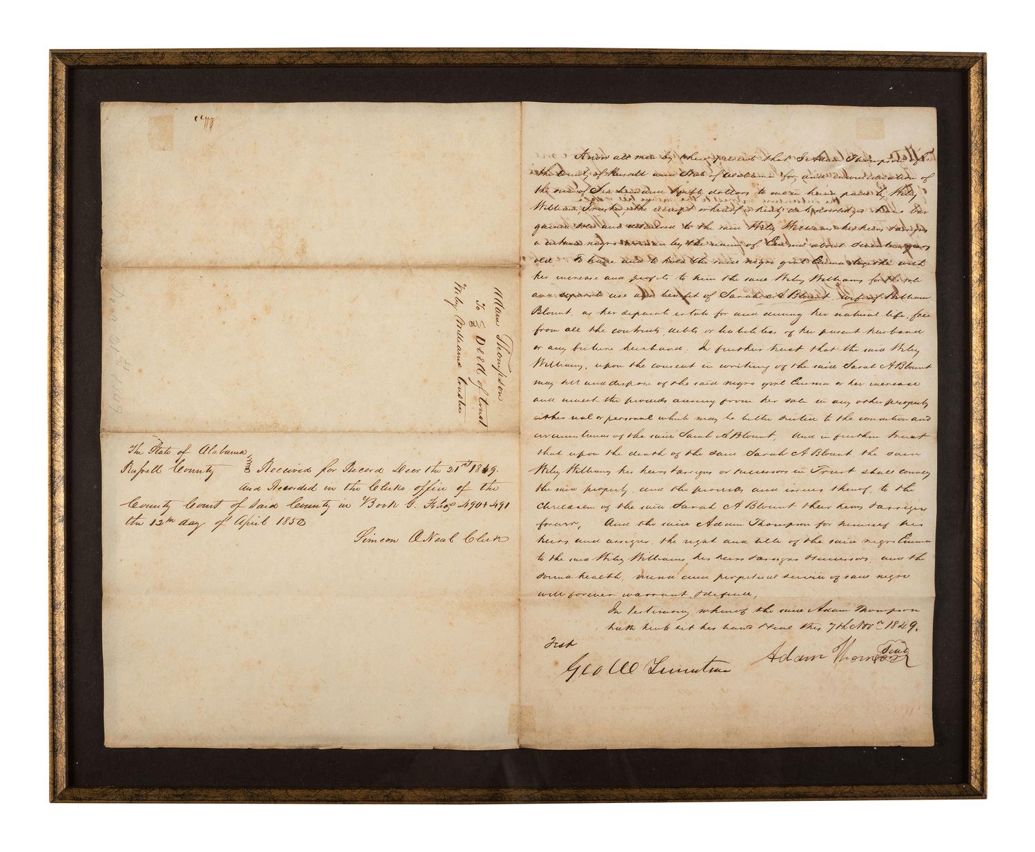 [ENSLAVEMENT & ABOLITION]. Bill of sale referencing African American enslaved woman, Eunice. Russell County, Alabama, November 1849.