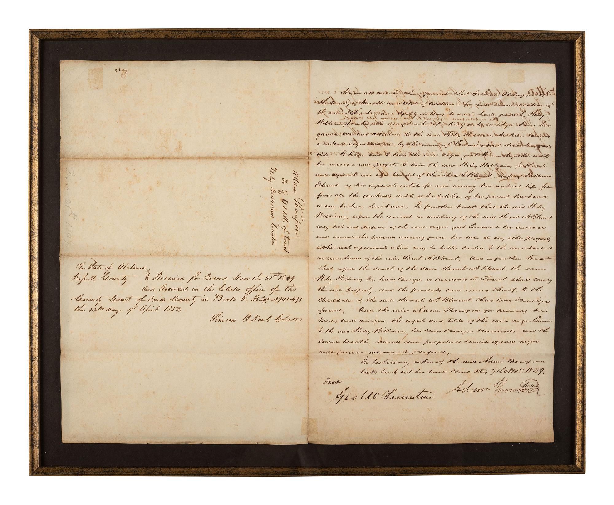 [ENSLAVEMENT & ABOLITION]. Bill of sale referencing African American enslaved woman, Eunice. Russell County, Alabama, November 1849.
