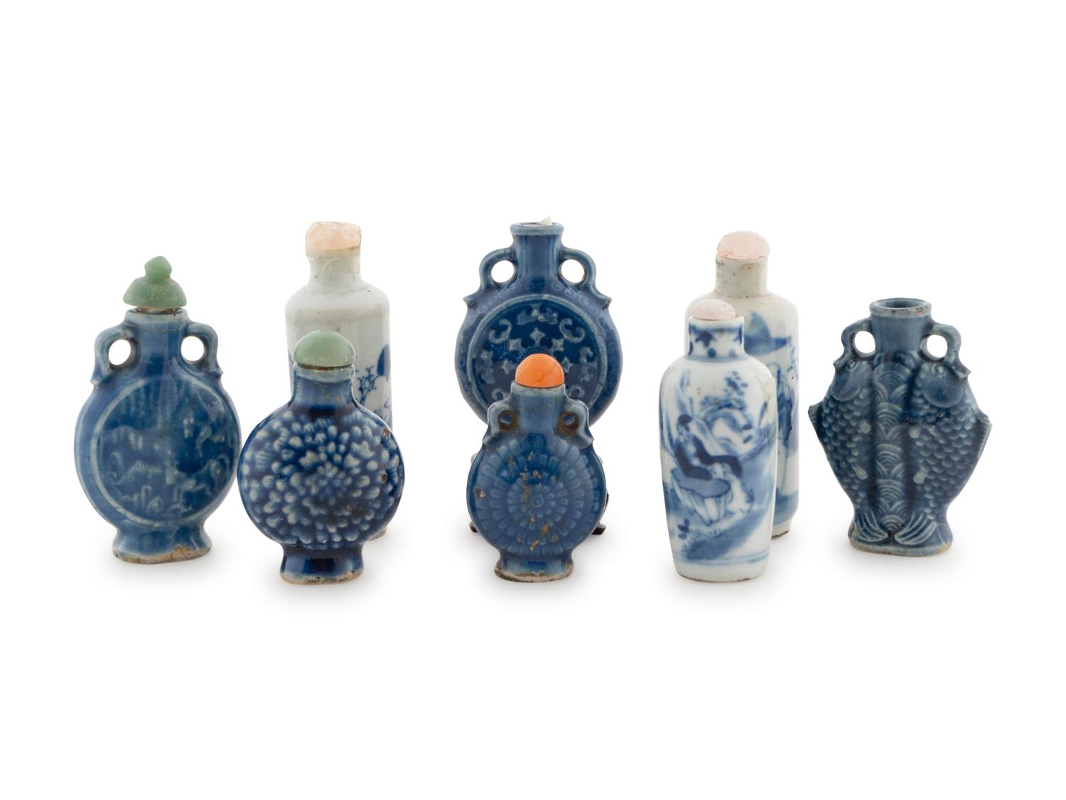 A Group of Eight Chinese Blue and White Porcelain Snuff Bottles